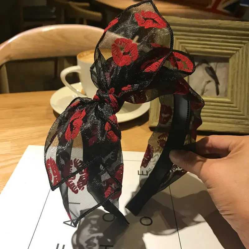 Bow Hairband Black Mesh Band for Women Korean Fashion Double Layers Bands with Lips Print Ladies Hair Accessories X250812