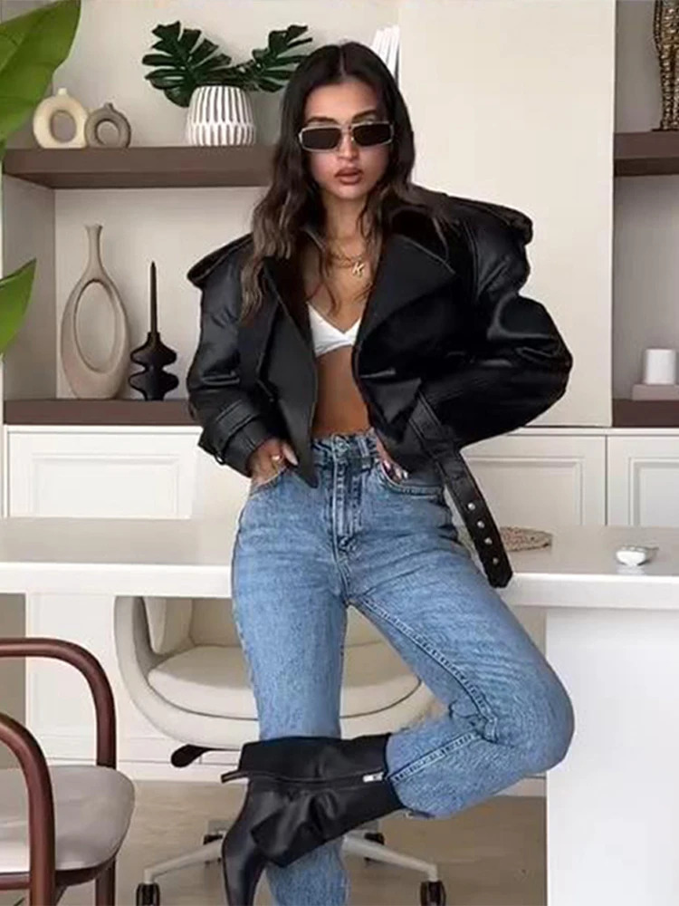 Vintage Leather Jackets Coats Women Single Breasted Loose Contrast American Style Lapel Short Jacket Chic Motorcycle Outwears 250811