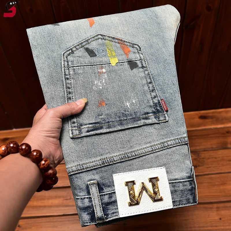 Autumn Winter High-End Trendy Brand Mens Jeans High Street Ripped Patch Ink Splash Print Fashion Stretch Slim Fit Skinny Pants X250812