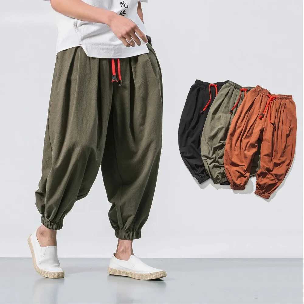 Mens Harem Pants Wide Leg Cotton Linen Trousers Spring Autumn Quality Men Casual Baggy Loose Oversized Pants Streetwear W250812