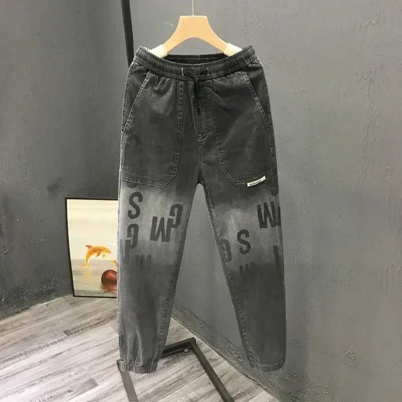 70s Plus Size with Print Male Cowboy Pants Cropped Jeans for Men Light Blue Summer Korean Fashion Kpop Denim Cotton Washed X250812