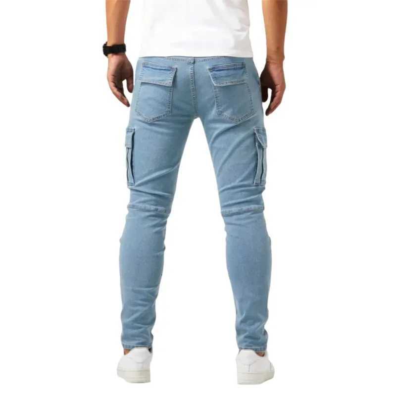 Men Elastic Skinny Jeans Solid Denim Pants Slim Fit Casual Jeans Multi Pocket Cargo Pants Fashion Casual Trousers Men Clothing X250812