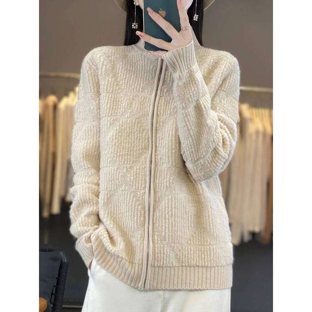 Women's 100% Pure Wool Cardigan Sweater Autumn Winter Half High Collar Zipper Kintwear Long Sleeved Loose Cashmere For Outerwear 20250811