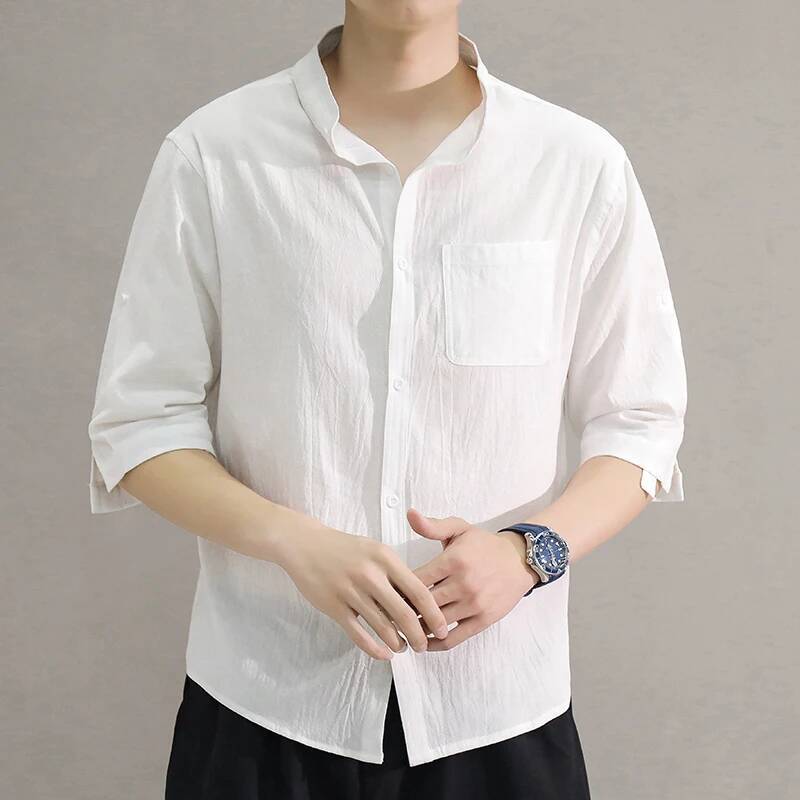 2025 Solid Color 3/4 Sleeves Spring Loose Stand Collar Male Office Buttons Placket Men Over Shirt for Work ddmymarket