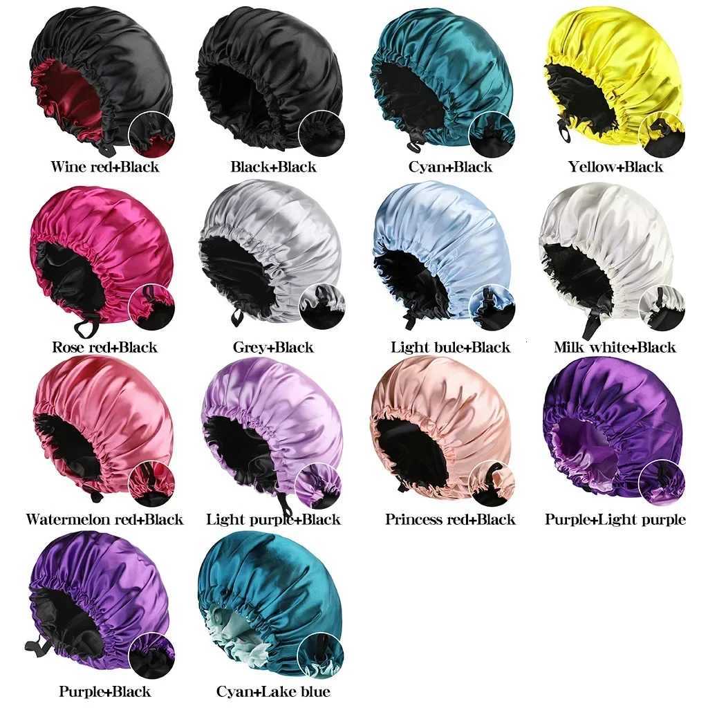 Adjustable Double Layer Satin Bonnet Nightcap Double-Sided Women Round Shower Caps Night Sleep Polyester Hat Solid Black Lining XJ250812