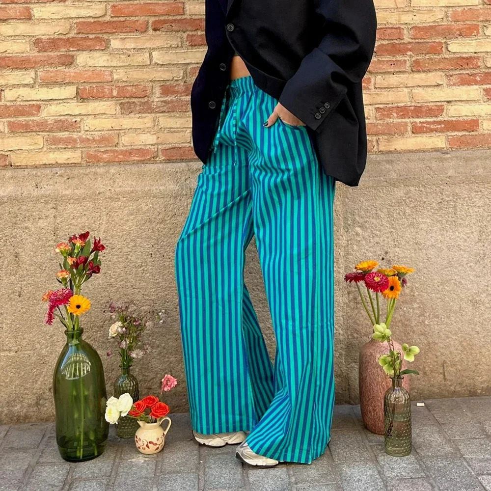 Combhasaki Womens Y2K Vintage Summer Baggy Long Pants Drawstring Elastic Low Waist Wide Leg Striped Trousers with 2 Pockets 250811