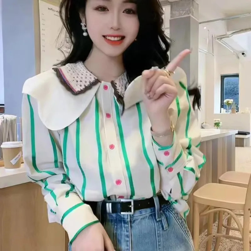 2025 spring casual Korean style peter pan collar striped blouse womens single breasted loose fit chic long sleeve shirts 250811