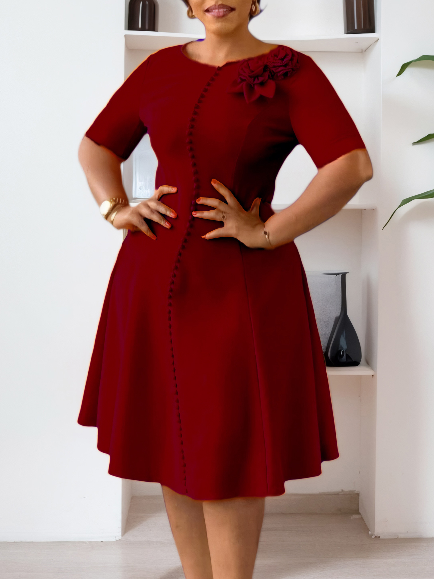 X841New short-sleeved solid color round neck elegant African foreign trade dress