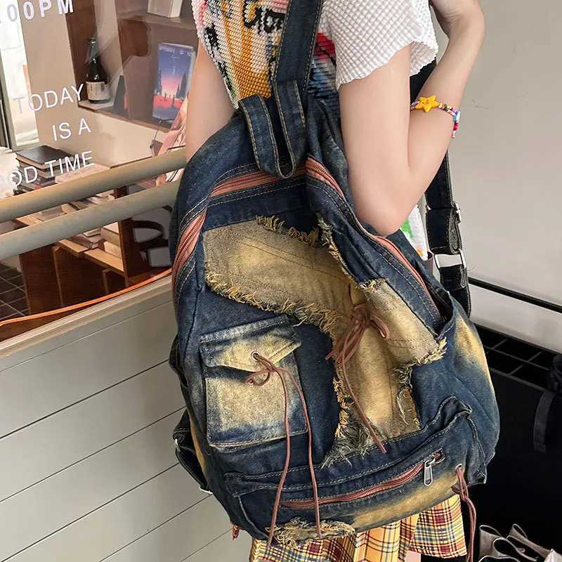 Washed Denim Womens backpack Large Capacity y2k Hot Fashion Designer big Travel Bag Daypack bagpack casual commuter bag Y250811