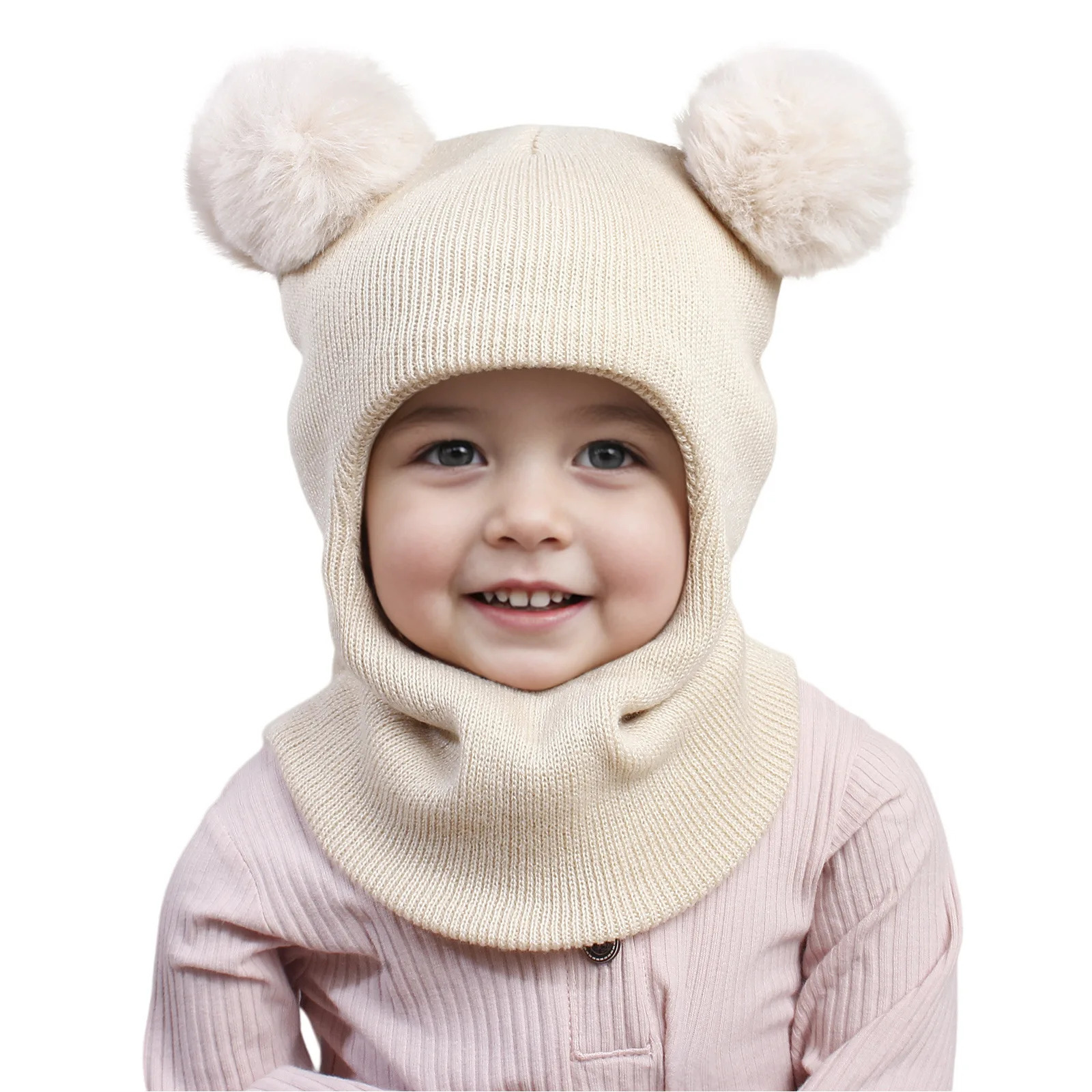 Autumn Winter Balaclava Hats For ren Double Balls Ear Protection One-piece Hat Scarf Cute Pompom Ball Boys Girls Wool Cap 250808