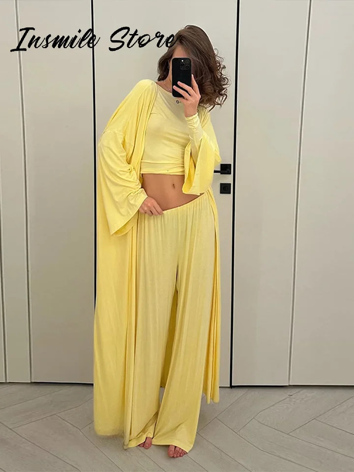 Casual Solid Women 3 Pieces Suits V-neck Long Coats O-neck Slim Top Wide Leg Trousers 2025 Spring Summer Fashion Female Sets 250811