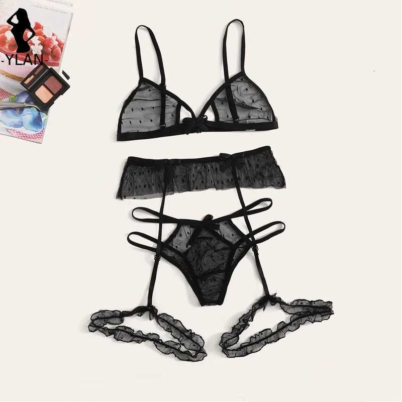 Bra set Women Sexy Mesh Lingerie Set Polka Dot Transparent Harness Lingerie Hollow Out Bralette+Garter+Thong 3pcs Underwear SetXJ250812