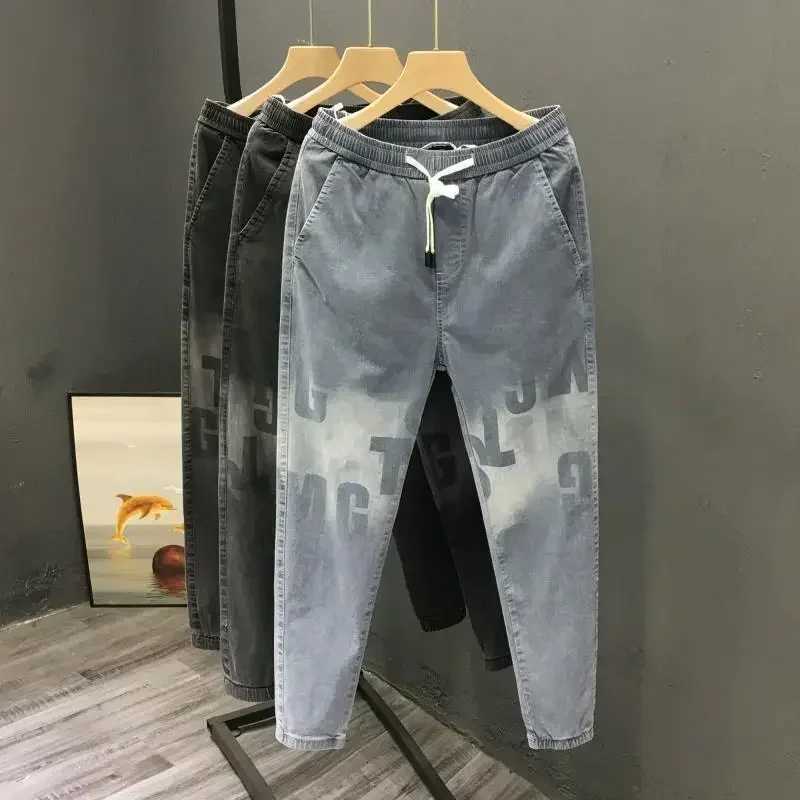 70s Plus Size with Print Male Cowboy Pants Cropped Jeans for Men Light Blue Summer Korean Fashion Kpop Denim Cotton Washed X250812