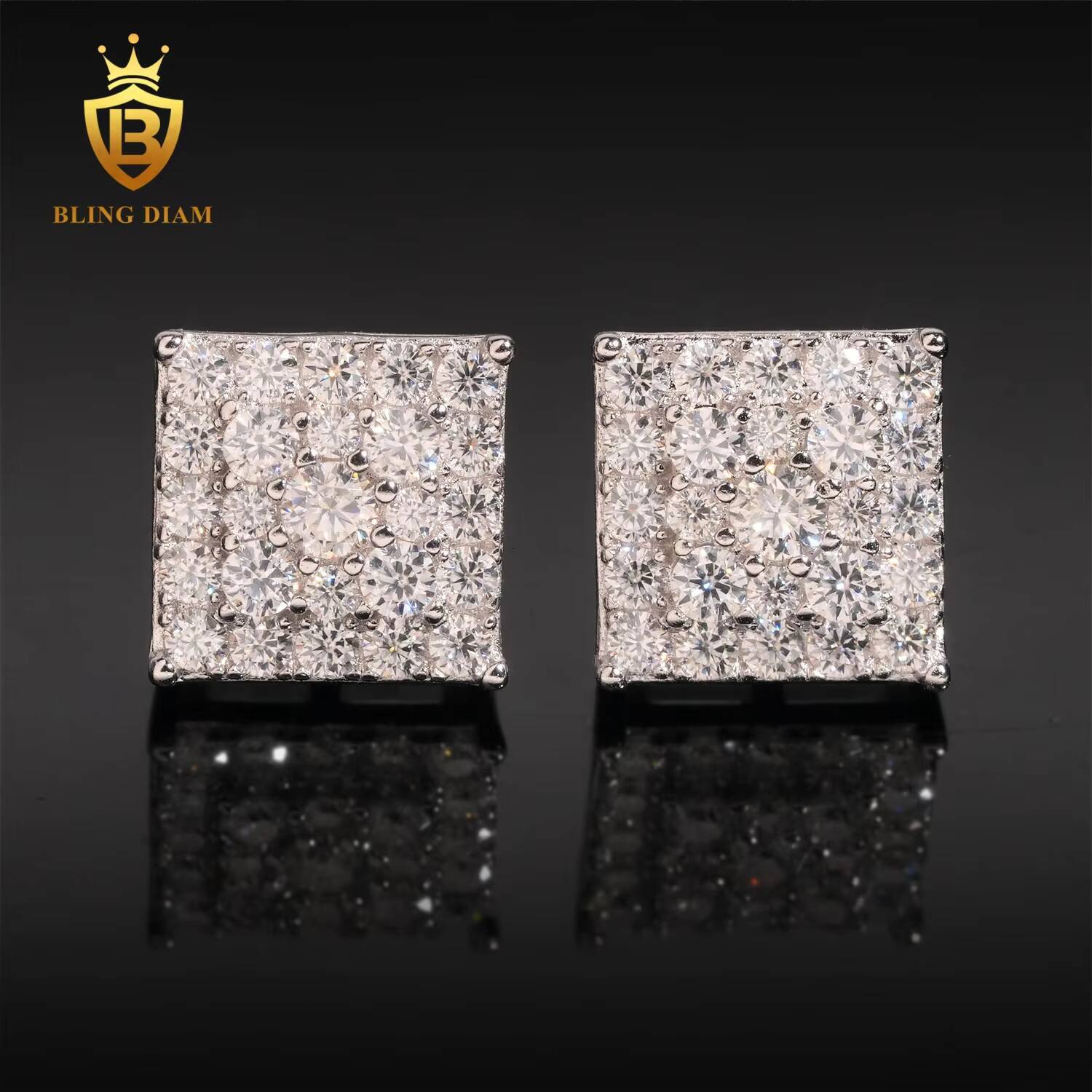 Blingdiam Jewelry 925 Sterling Silver Vvs Moissanite Custom Natural Diamond Square Earrings Stud for Men Women Vintage