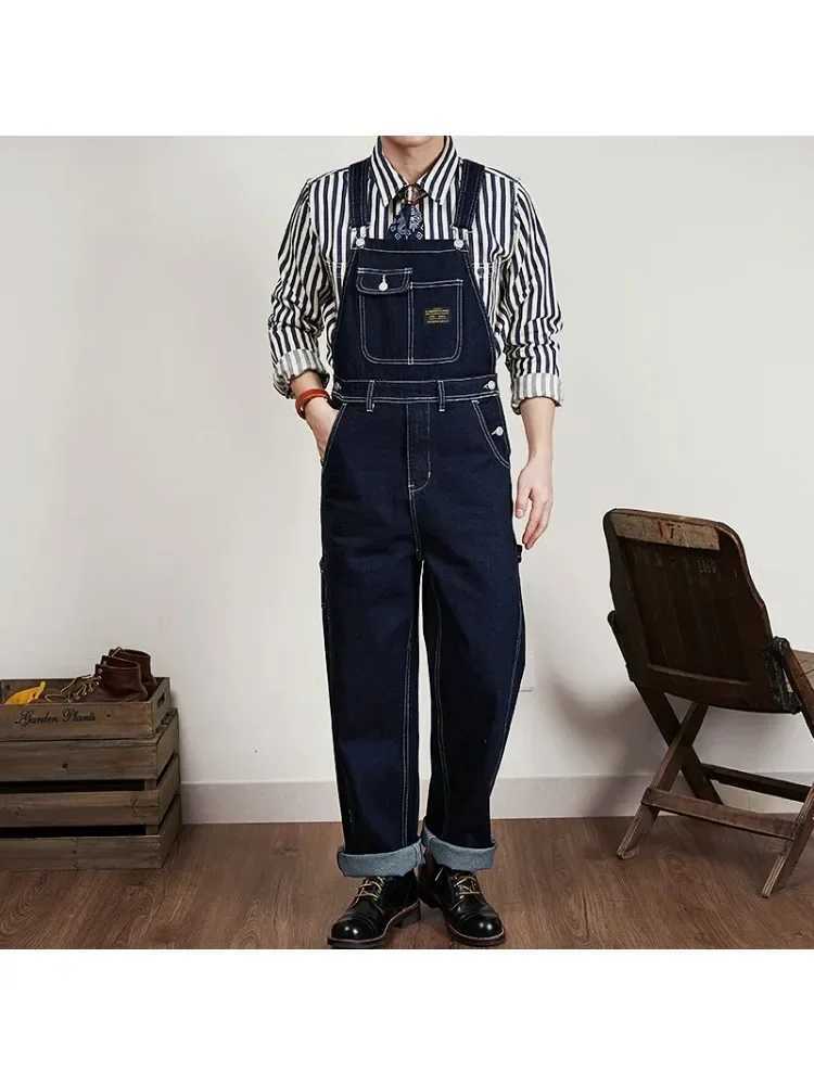 American Vintage Raw Blue Denim Jumpsuits for Men Vertical Striped Wide Leg Loose Straight Overalls Pants Jeans American Style Workwear X250812