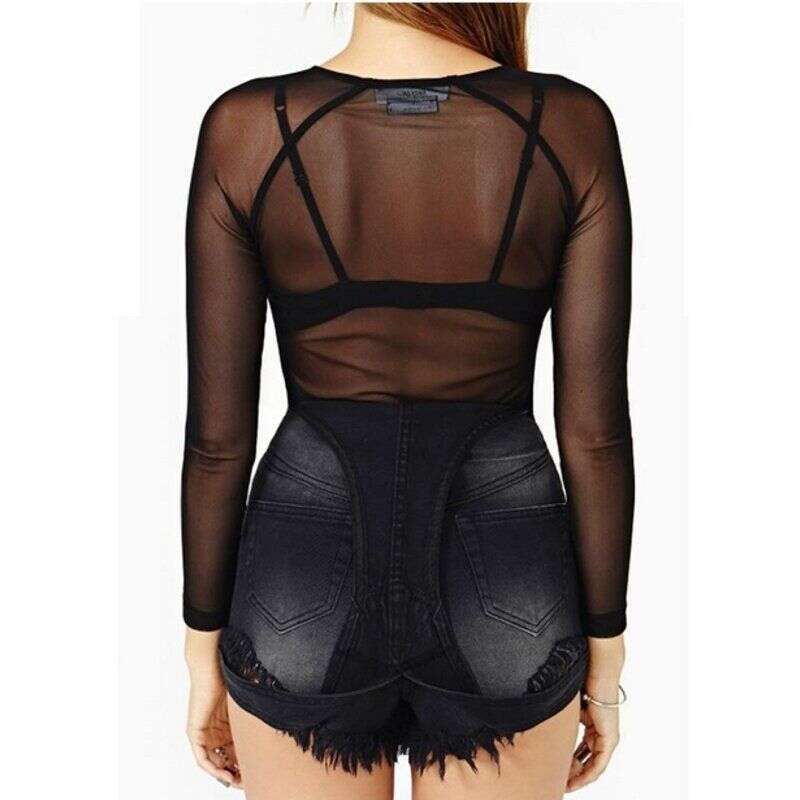 Spring and Autumn Black Sheer Base for Women Long Sleeve Sexy Transparent Thin Mesh Top Super Stretchy Gauze Shirt
