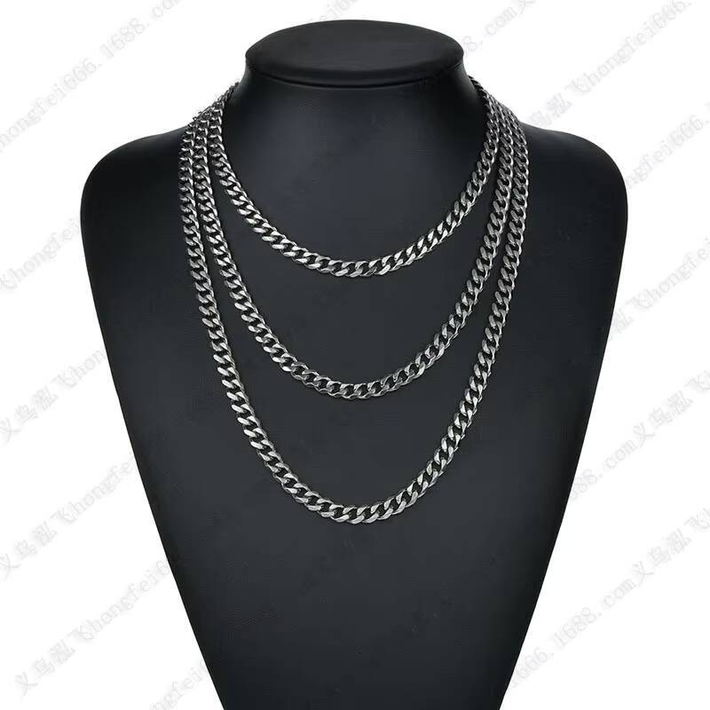 gold plated necklaces Tone Solid Metal Collar Basic Punk Carved Stainless Steel Curb Link Cuban Chain Necklace