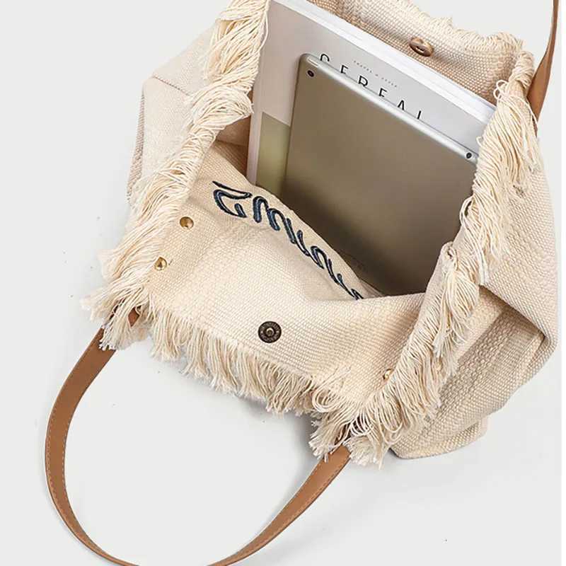 Letter Embroidered Large Canvas Bag Daily Use Tote Bag Ladies Handbag Holiday Woven Beach Bag Casual Out Shopping Shoulder Bag Z250812