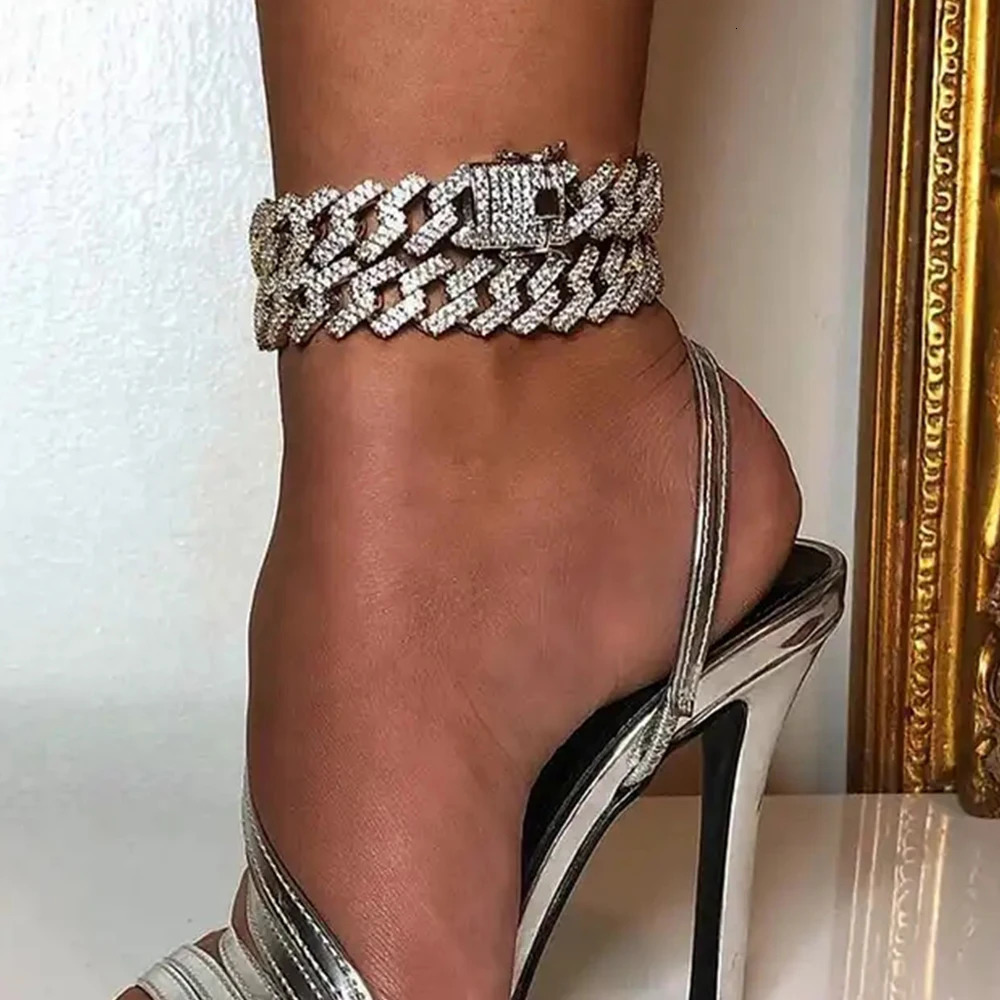 Punk Iced Out 14MM Cuban Anklet Bracelet For Women 2 Row Clustered Rhinestone Prong Miami Cuban Ankle Chain Barefoot Jewelry 250812