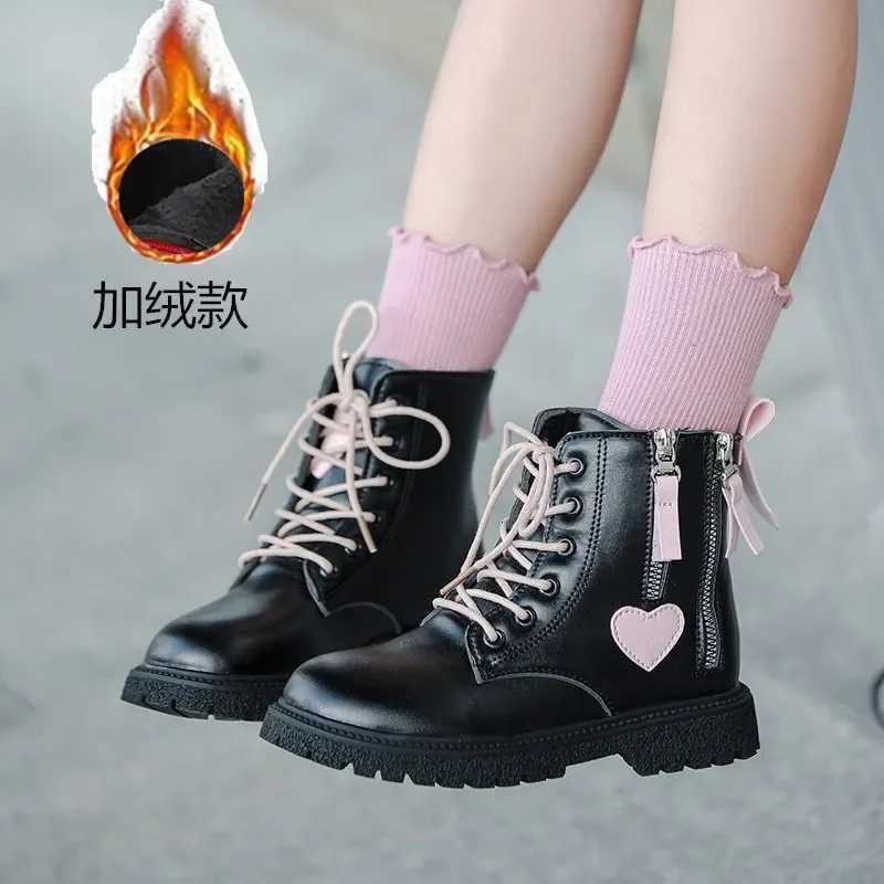 Girls Shoes Platform Kid Boot 2023 Winter New British Ankle Boot Plush Girl Shoe Kid Shoe Fashion Leather Boots Childrens Boots XJ250812