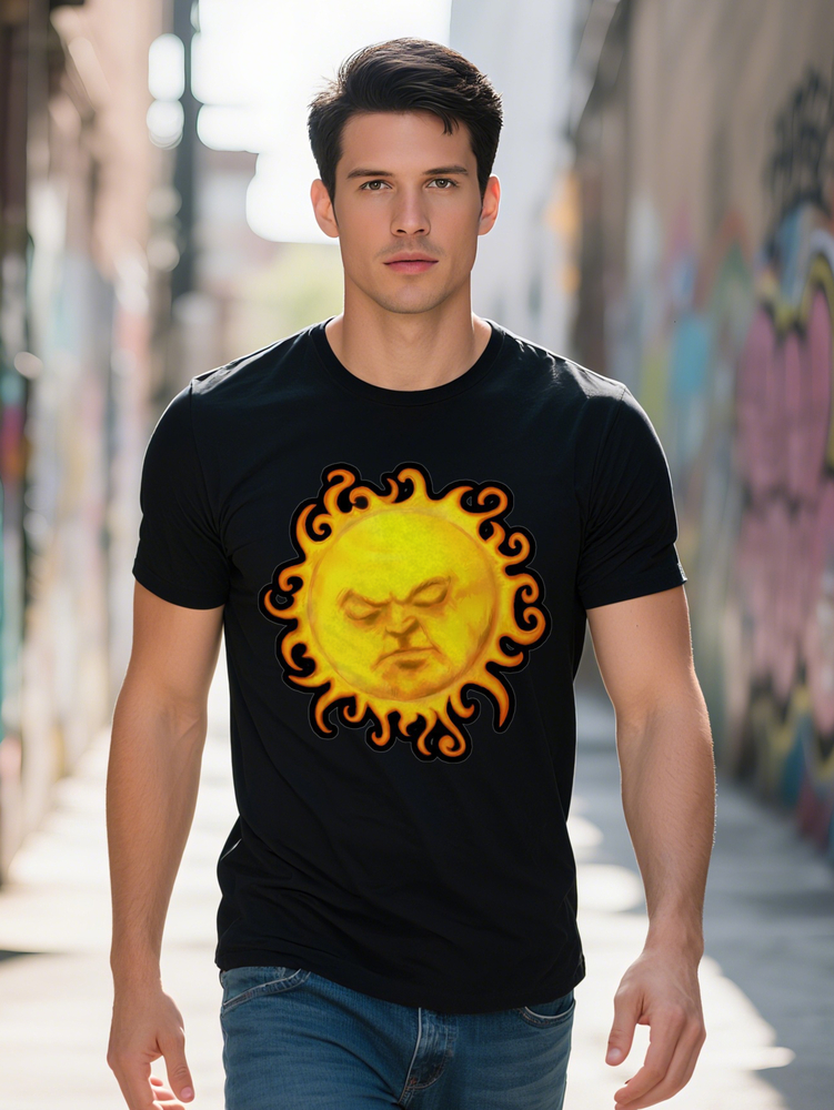 Men s Huorous Vintage Graphic Tee Black Short Sleeve T Shirt with Fiery Sun Design Casual Ideal Super Gift for
