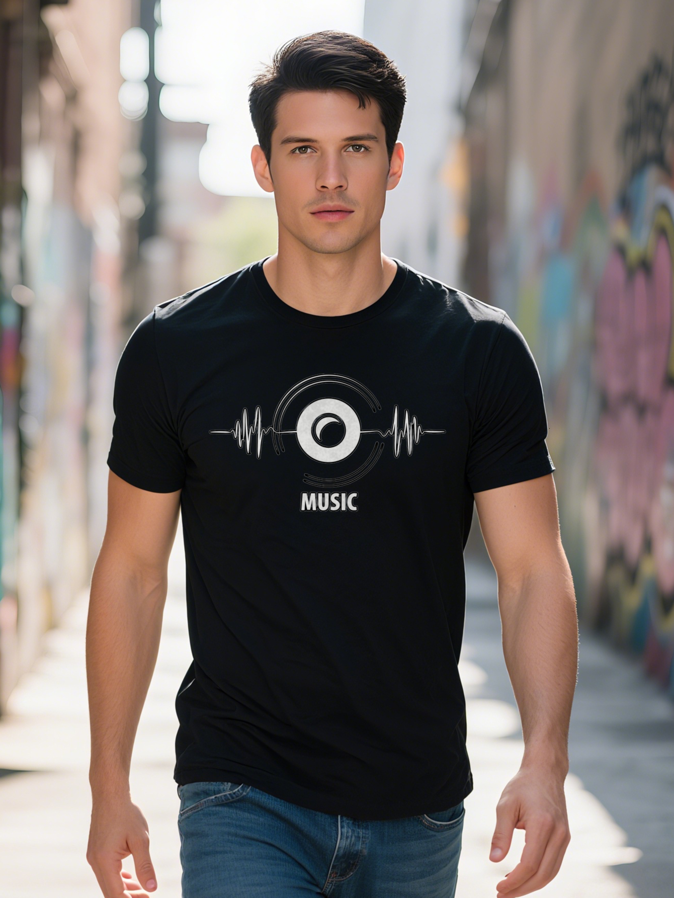 Men S Versatile Round T-Shirt Black Background with White Circular Print Music Graphic Design Soft Fabric Regular