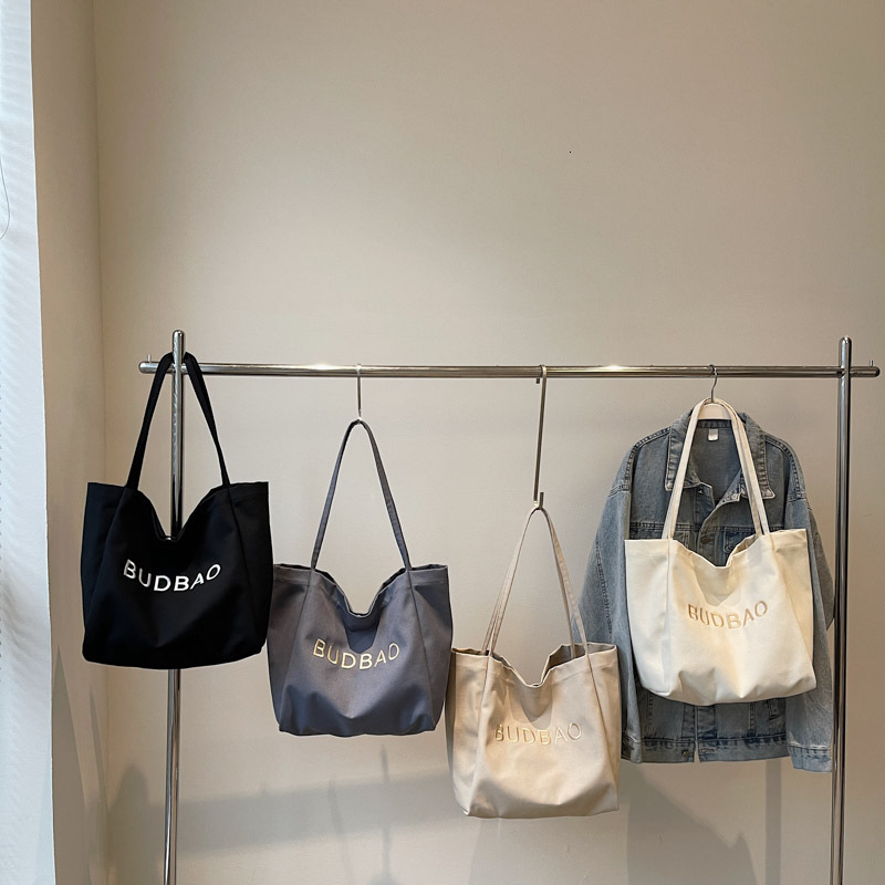 New Embroidered Letter Canvas Shoulder for Women, Large Capacity Mommy Casual Tote Bag, Student Shopping Bag