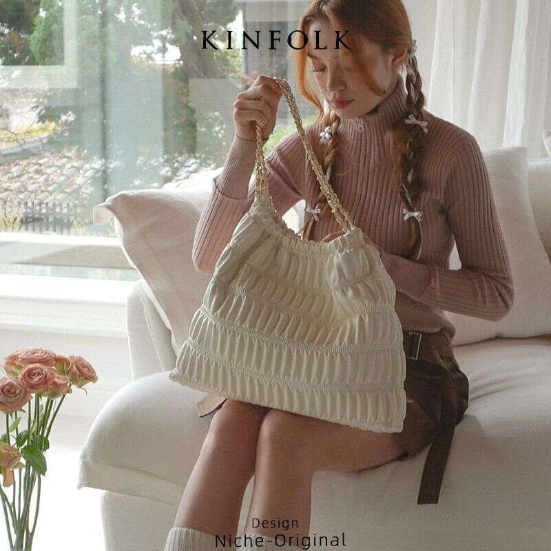toteBag Shoulder bag ROSE NOIRE New Style Small Fragrance Wind Pleated Trendy Tote French Chain Commuter Wandering Versatile Single Women Bag
