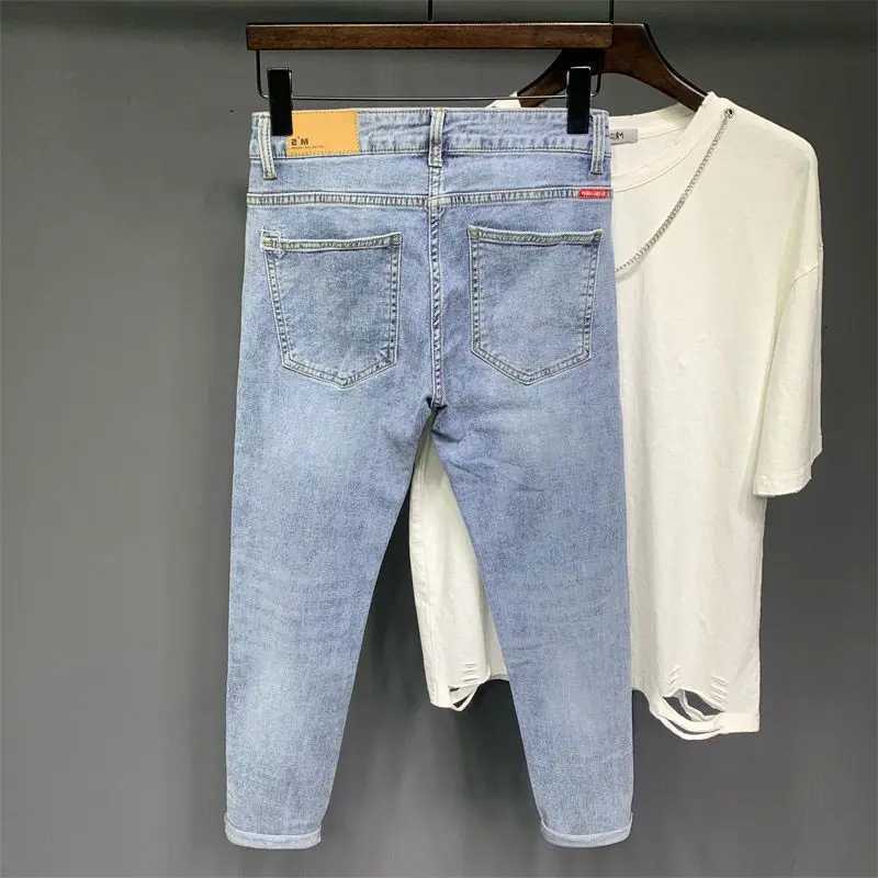 Fashion Summer Light Blue Stretch Washed Casual Jeans for Men Korean Stylish Slim Stretch Denim Ripped Holes Distressed Trousers X250812