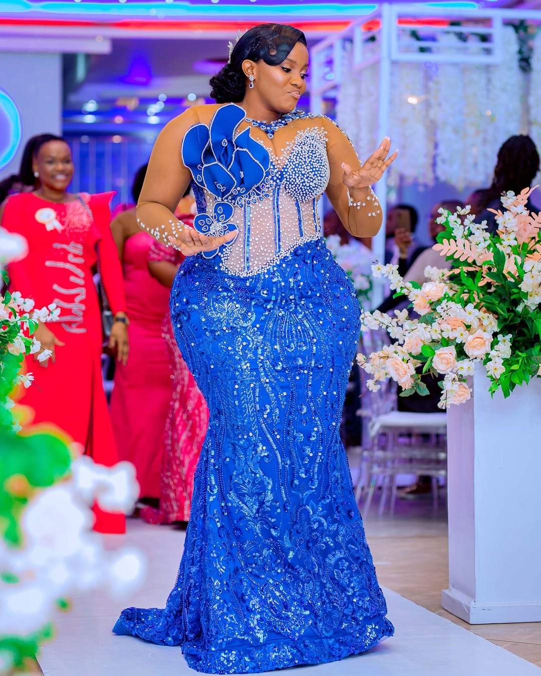 Mermaid Royal Blue Plus Size Prom Dress 2025 Evening Dresses For Special Occasions Sheer Neck Beaded Lace Flora Illusion Birthday Second Reception Gow