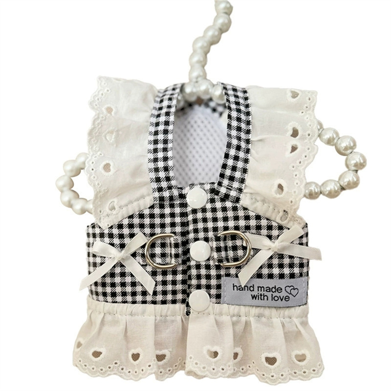 Pet Dog Clothes Lace Skirt Pastoral Style Black Plaid Harness Puppy Dresses Universal Harness Tractionable Retro Princess Dress