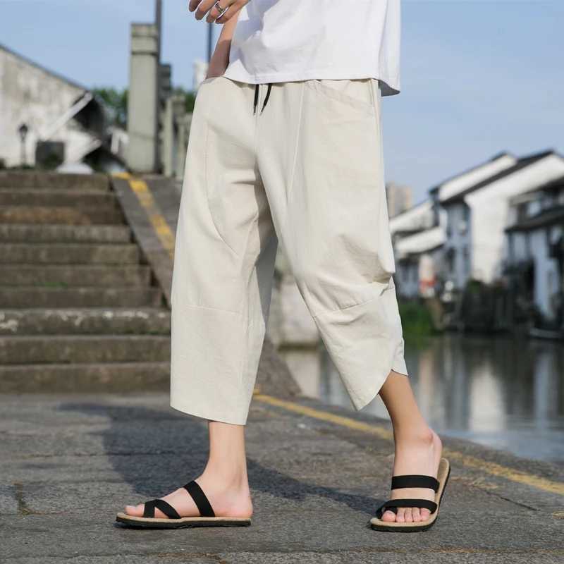 5-5XL Summer New 00% Cotton Loose Cropped Pants Solid Color Casual Elastic Waist Curved Leg Japanese Pants W250812