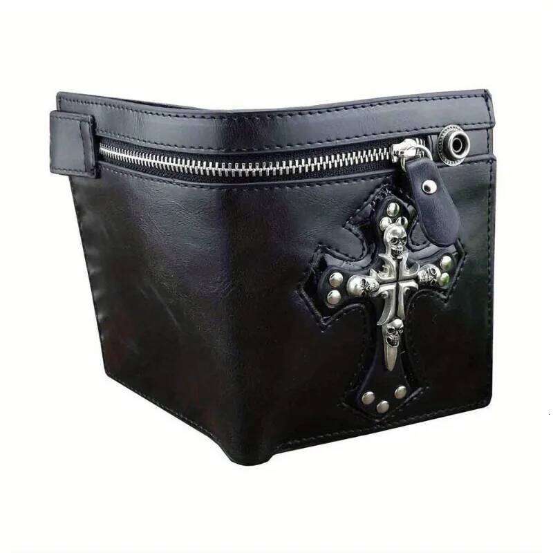 1pcs Gothic Leather Wallet with Vintage Chain & Rivets Skull Cross Design Coin Purse Punk Rock Accessories