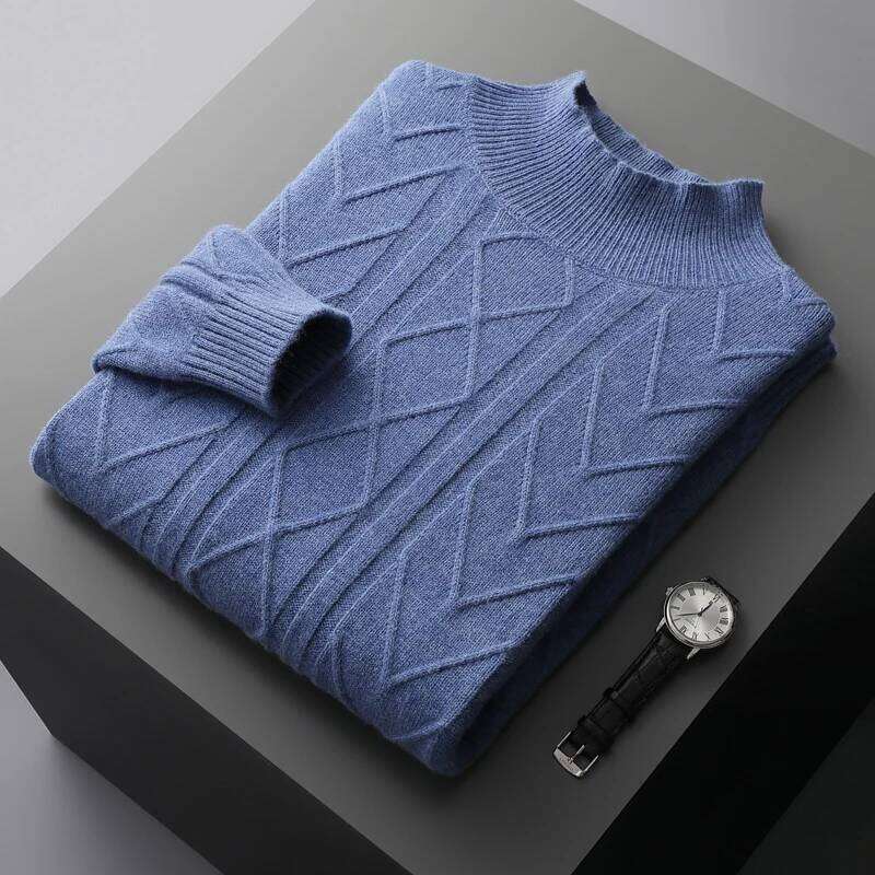 Winter 100% Merino Wool Knit Pullover Men's Semi-High Neck Thicken Sweater Fashion Loose Jacquard Youth Shirt High-End Warm Tops 250812