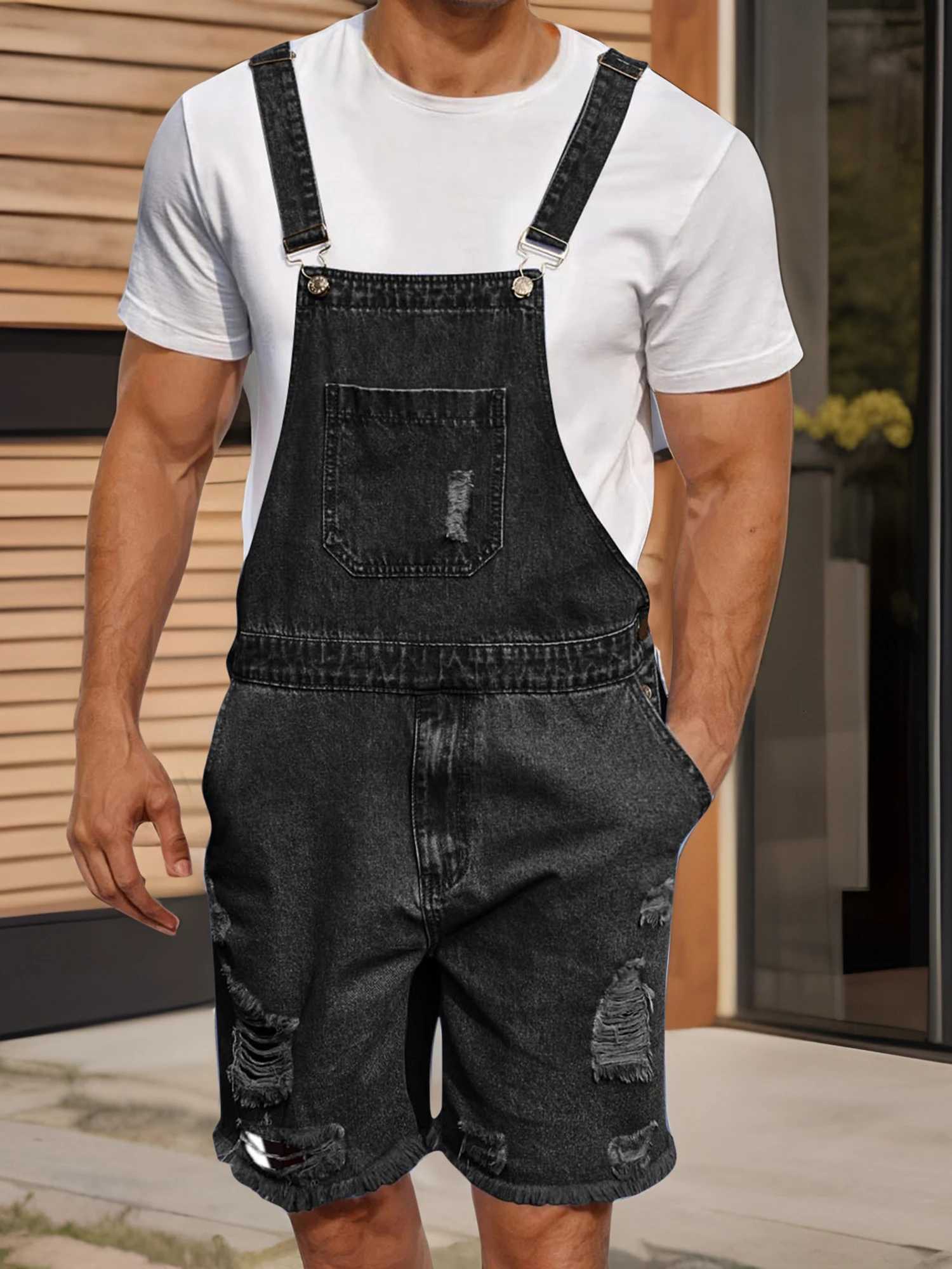 Men s Distressed Denim Overall Shorts Sleeveless Solid Color Loose Fit Jumpsuit for Casual Summer Wear X250812