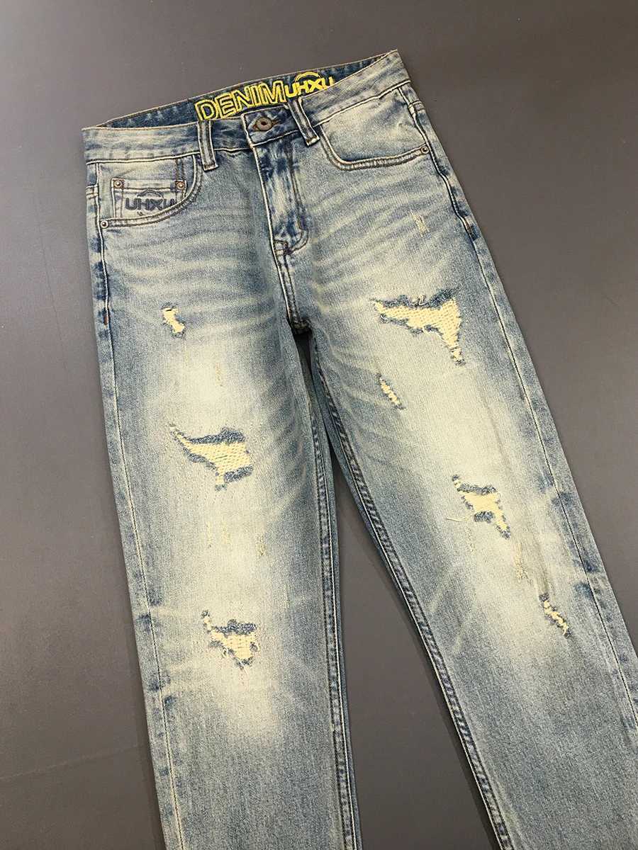 2025 Spring Stretch Ripped Patch Denim Jeans for Men American Vintage Casual High-Street Trend Ink Splatter Slim Straight Pants X250812