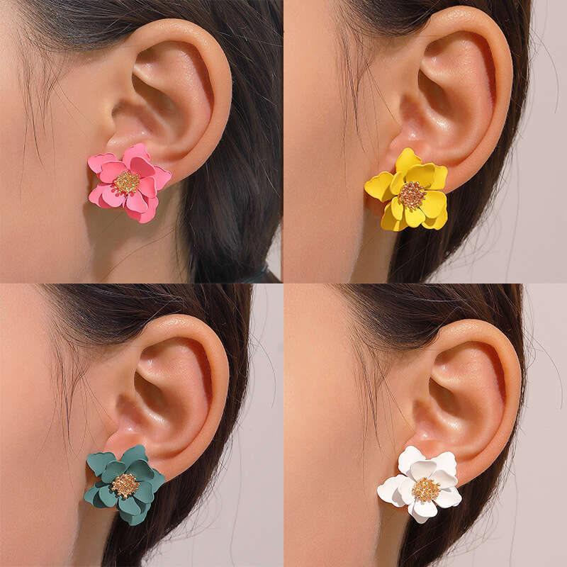 Ins Colorful Matte Flower Japanese and Korean Mori Style Sweet Multi-layer Petal Floral Earrings Elegant Ear Jewelry