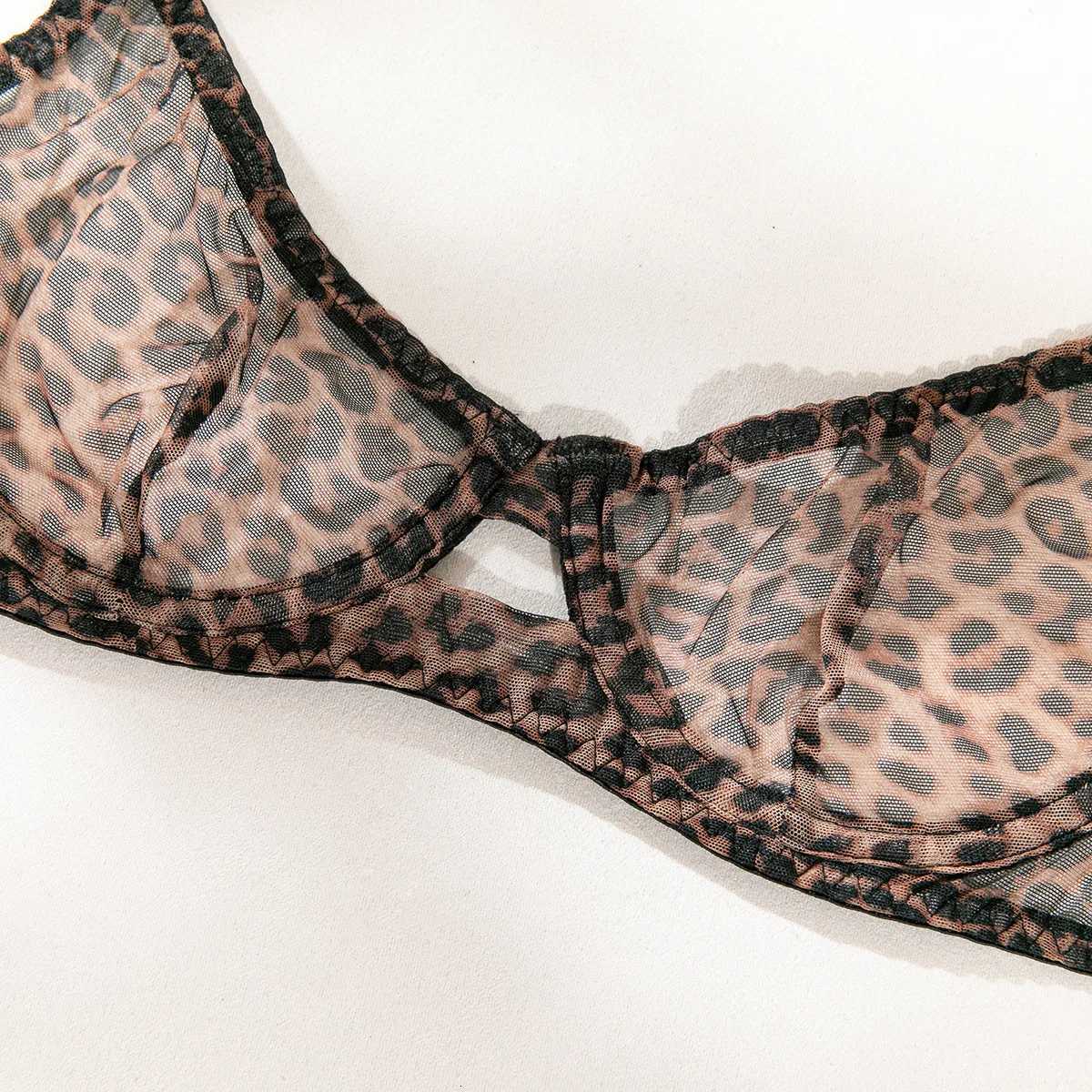 2 Pieces Sexy Leopard Print Transparent Underwire Bra Panty Set Womens Sexy Underwear Thin Seducing Mesh Printed BraletteXJ250812