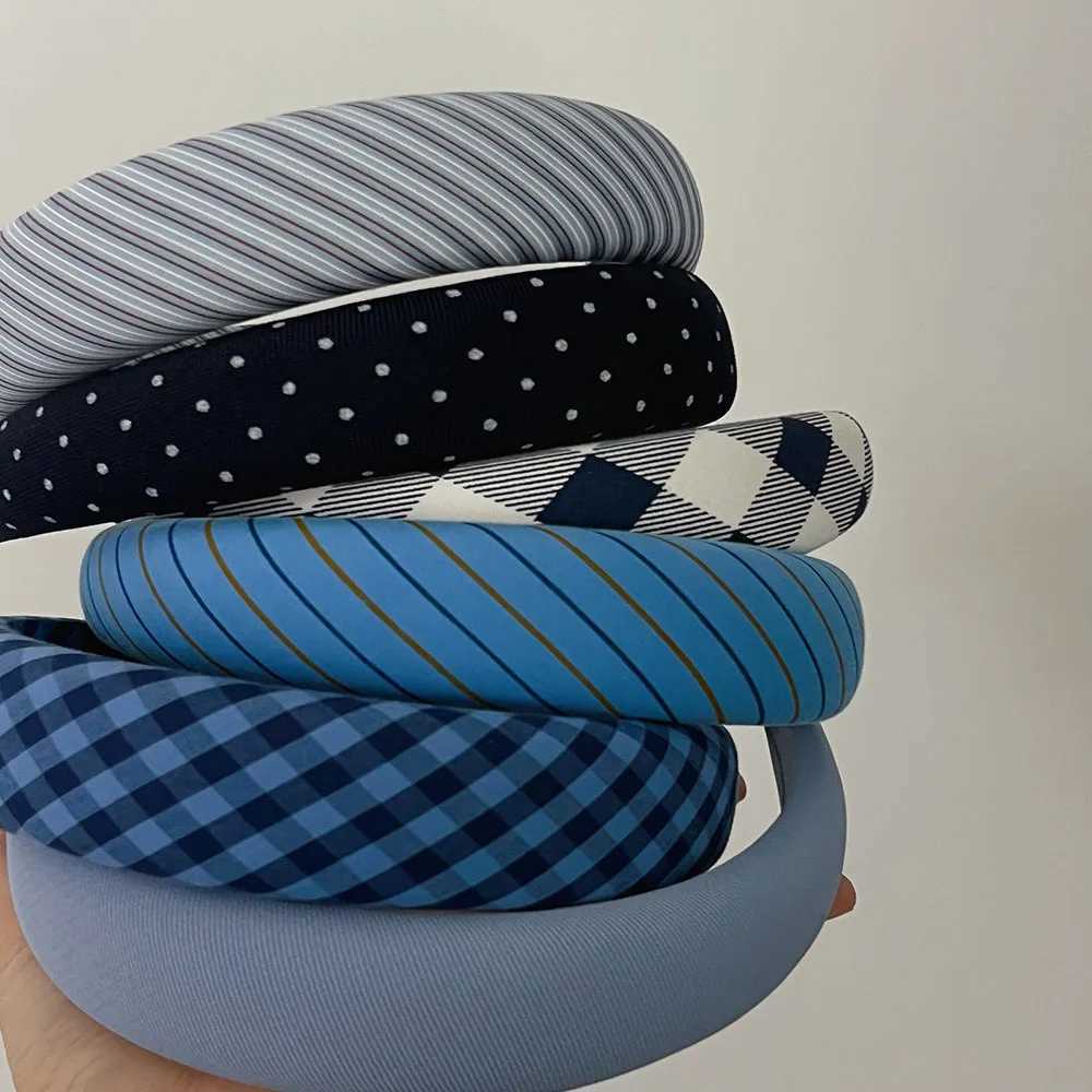 Vintage Blue Plaid Striped Padded Hairbands Ins Fashion Wide Band Wen Elegant Hair Hoop Wrap Non-Slip Hair Accessories X250812