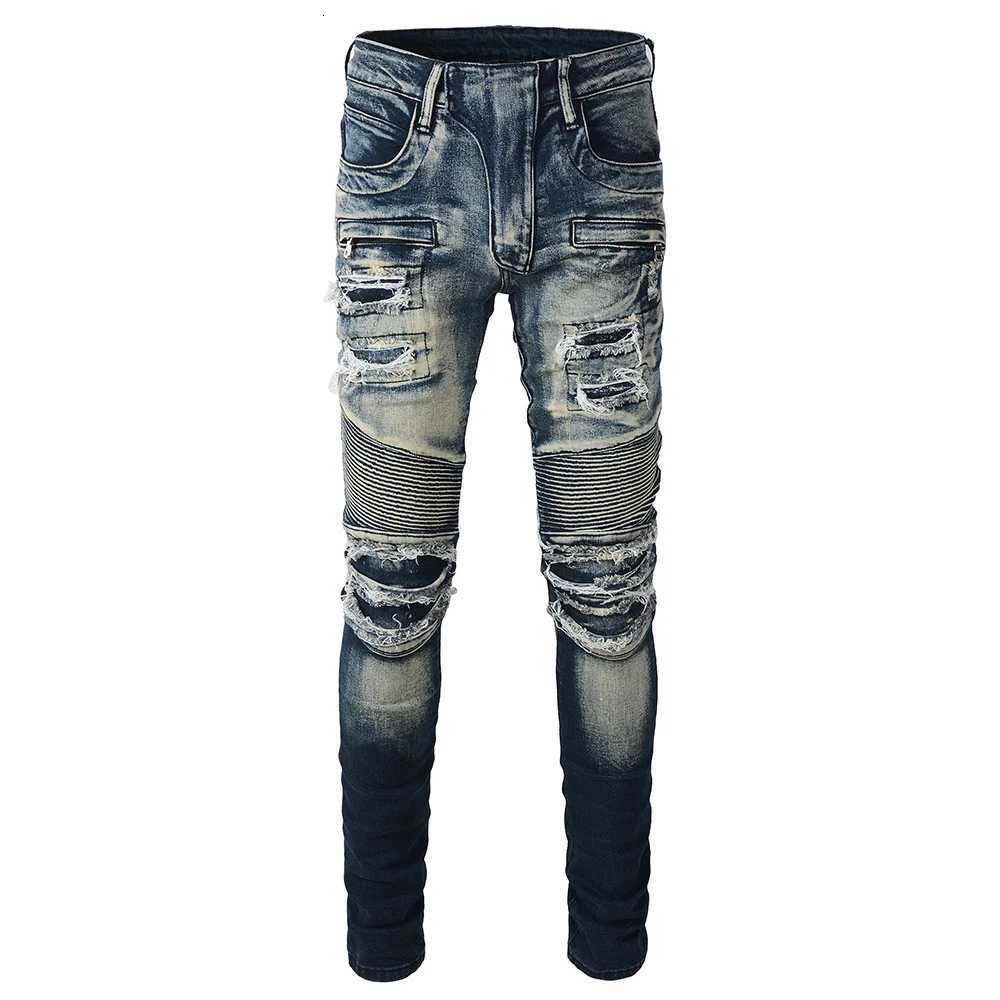 Mens Biker Jeans for Motorcycle Holes Ripped Distressed Patch Pants Stretch Denim Cotton Slim Straight Trousers High Quality X250812