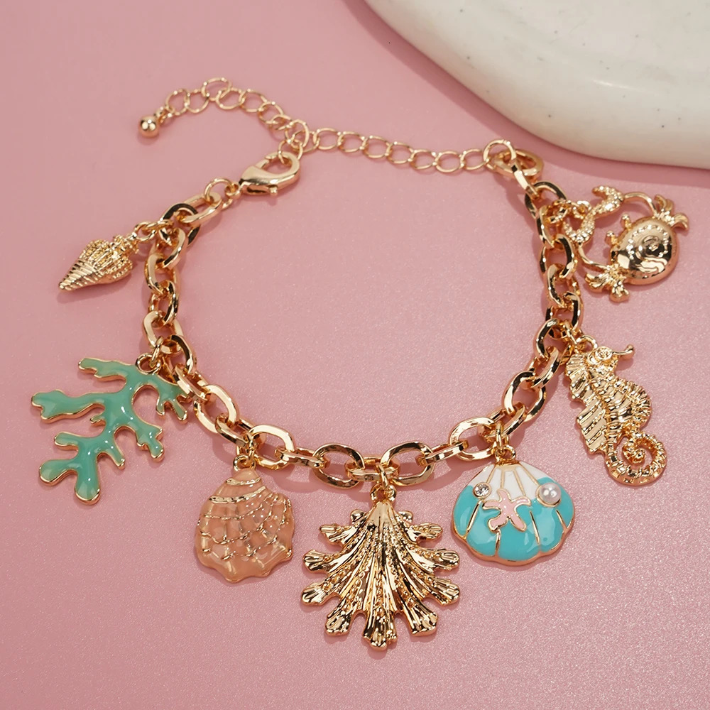 Fashion Colorful Starfish Shell Conch Bracelets For Women Gold-color Chain Bangle Ocean Wristband Summer Beach Jewelry 250807