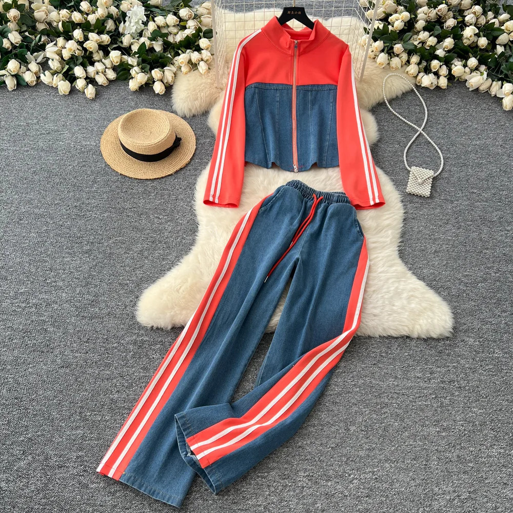 Denim Pant Set Women Two Piece Sets Autumn Matching Sets Zipper Coats Wide Leg Long Pants High Waist Y2k Streetwear Shirt Work 250808