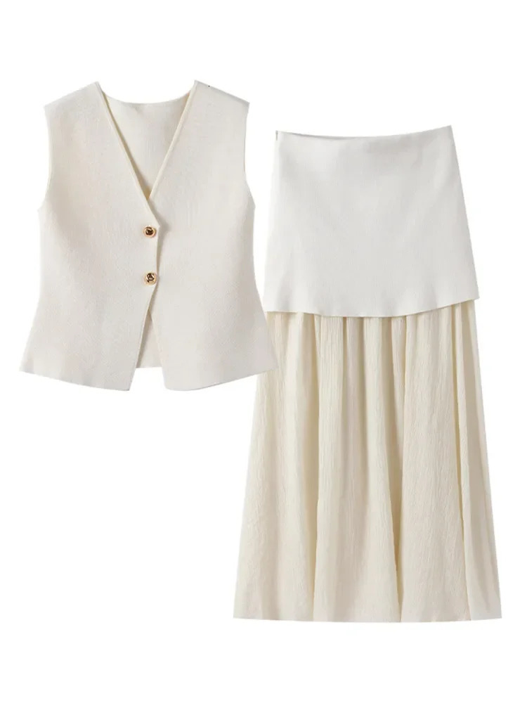 TRAF Women Knitted Sets Loose Skirt Set 2 Pieces Summer Button V-neck Vest Top Ankle-Length Skirt Lady Street Outfit 250811