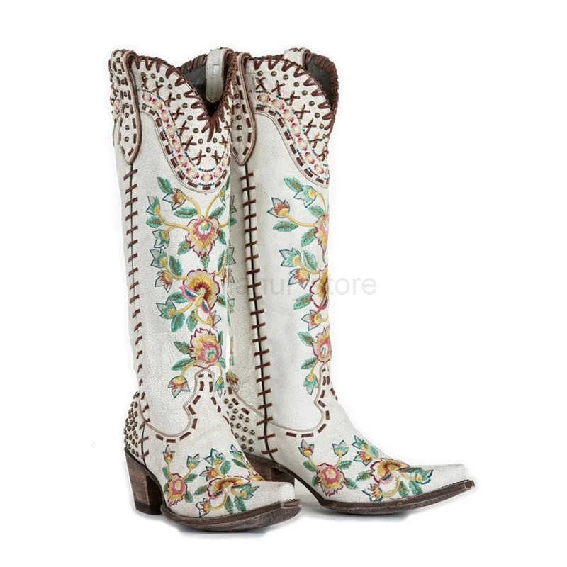 White Embroider Western Boots For Women Leather Chunky Heels Cowboy Boots Slip-on Shoes M250812