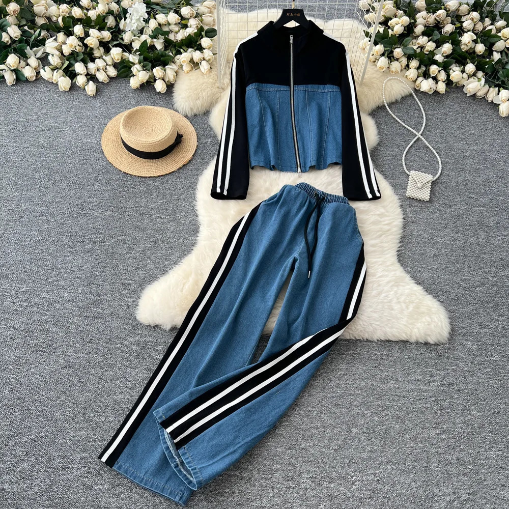 Denim Pant Set Women Two Piece Sets Autumn Matching Sets Zipper Coats Wide Leg Long Pants High Waist Y2k Streetwear Shirt Work 250808
