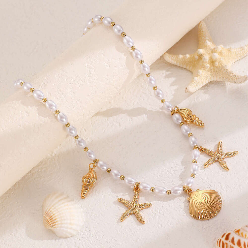 Bohemian Ocean Imitation Pearl Beaded Shell Conch Starfish Necklace for Women Beach Vacation Accessories