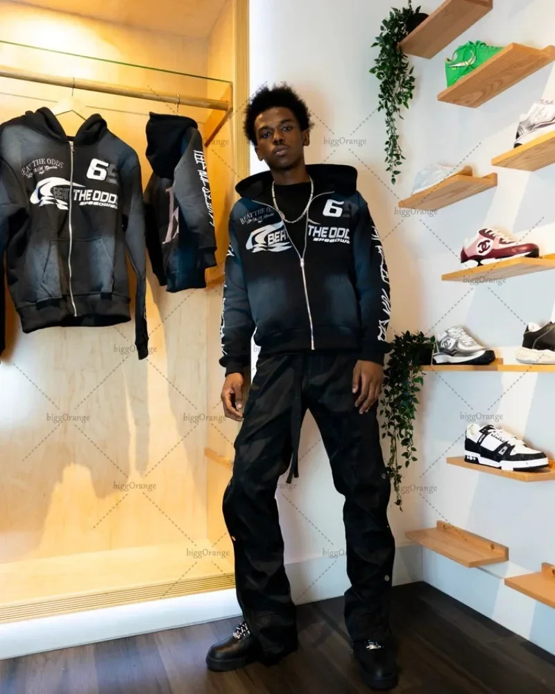 Harajuku Colorful Zipper Hoodie Punk Retro Letter Print Casual Oversized Sweatshirt Couple Hiphop Trendy Streetwear Jacket Men 250808