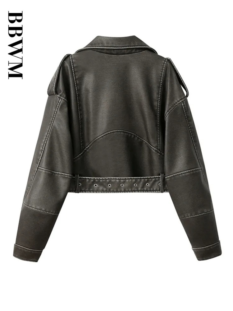 TRAF PU Retro Zipper Belt Motorcycle Street Womens Jacket Spring Chic Short Long Sleeve Slim Fit Female Tops 250811