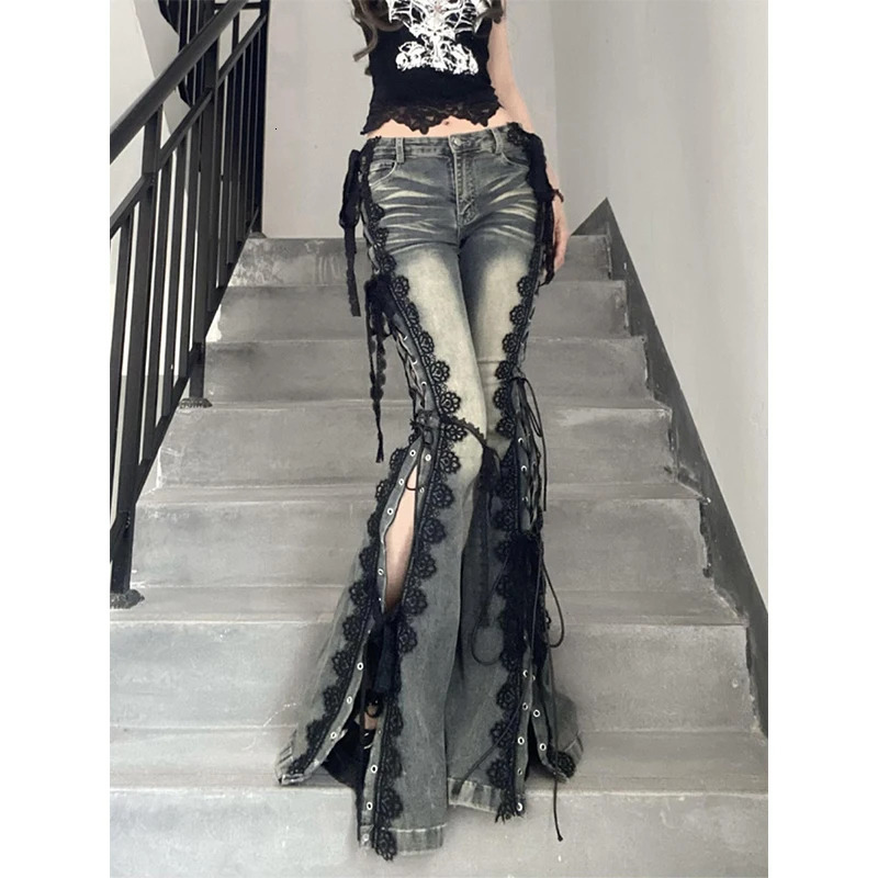 MEXZT Y2K Flare Jean Harajuku Vintage Lace Bandage Denim Pants Gyaru Streetwear Grunge Low Waist Slit n Trousers 250809