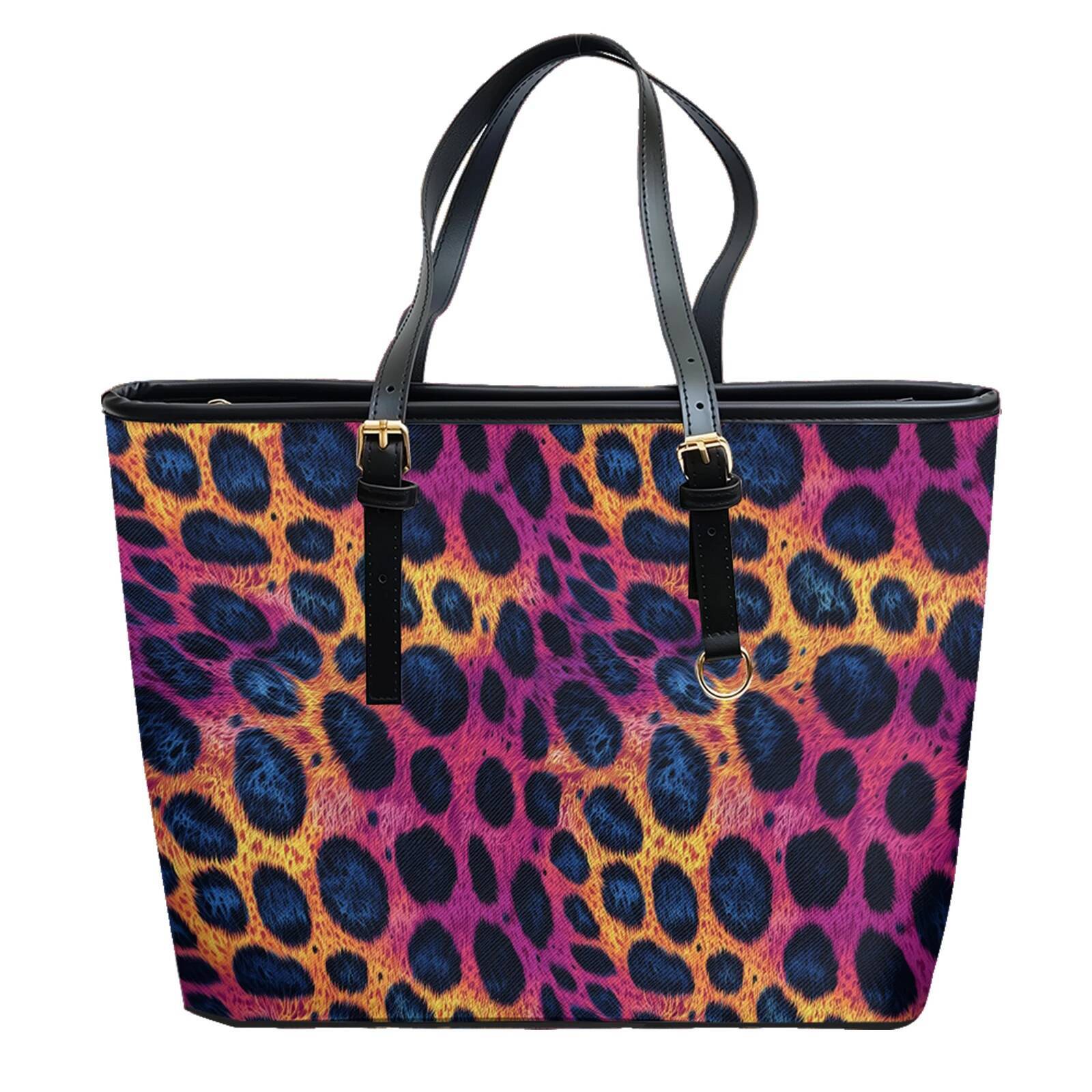Fluid Vortex Leopard Printed Travel Tote Shoulder Bag Oxford PVC Leather Zipper Lightweight Daily Convertible Work Weekend Purse